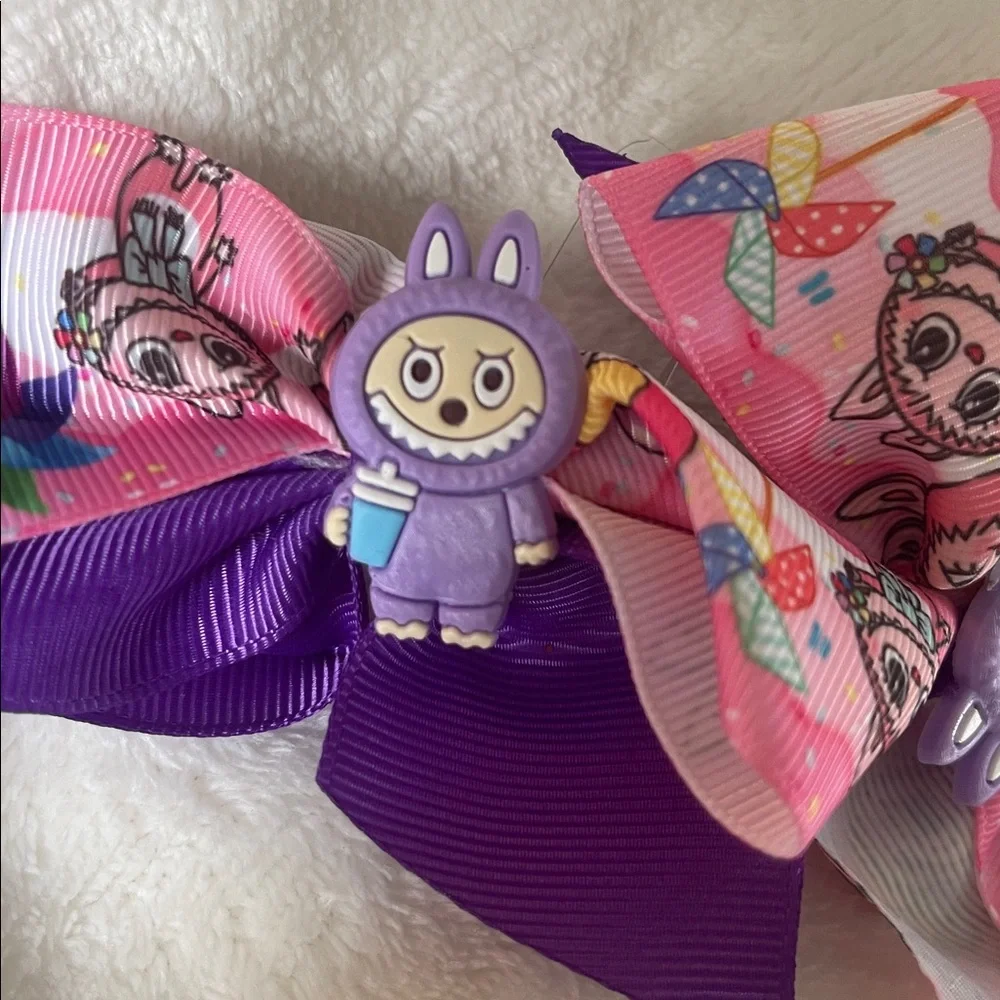 Purple and Pink Cartoon Labubu Monster Character set of two Hair Bows nwt